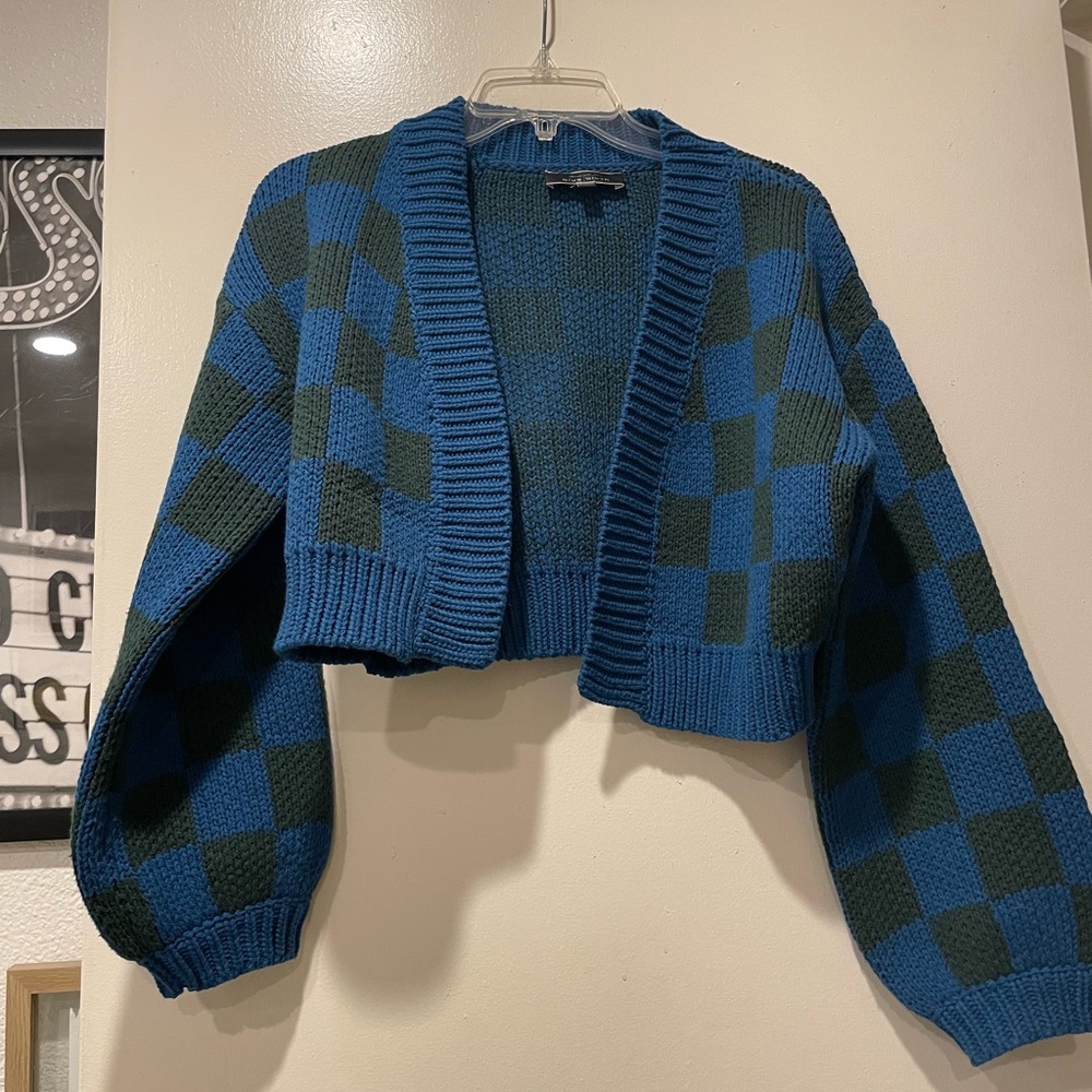 Dressed in LaLa blue and green checkered crop cardigan